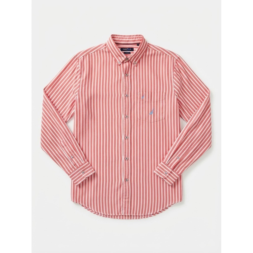 Nautica red + white striped button up shirt Size XL Preppy Business Casual